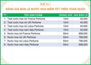 Bảng giá nước hoa Riori PERFUME cập nhật mới nhất 2021